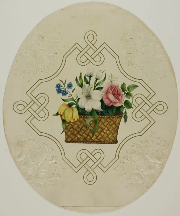 Framed Print : Basket of Flowers in Printed Embossed Borders, n.d. Creator: Unknown
