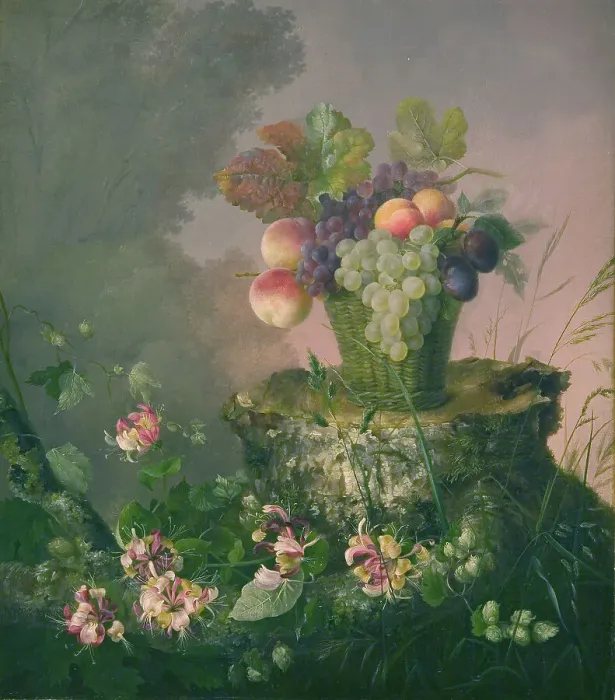 Framed Print : Basket of Flowers standing on a Tree Stump, 1814-1875. Creator: Hermania Neergaard Framed Print : Basket of Flowers standing on a Tree Stump, 1814-1875. Creator: Hermania Neergaard