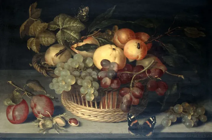 Framed Print : Basket of Fruit and Admiral Butterfly on Stone Table, 1610. Artist: Joannes Busschaert Framed Print : Basket of Fruit and Admiral Butterfly on Stone Table, 1610. Artist: Joannes Busschaert