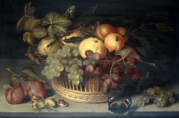 Basket of Fruit and Admiral Butterfly on Stone Table, 1610. Artist: Joannes Busschaert