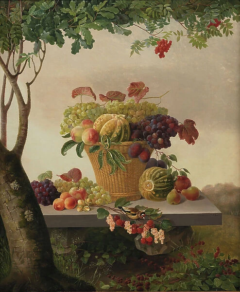A Basket of Fruit in a Landscape, 1832. Creator: Christine Lovmand