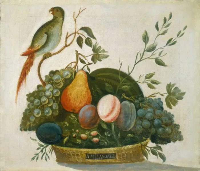 Framed Print : Basket of Fruit with Parrot, 1777. Creator: A. M. Randall Framed Print : Basket of Fruit with Parrot, 1777. Creator: A. M. Randall