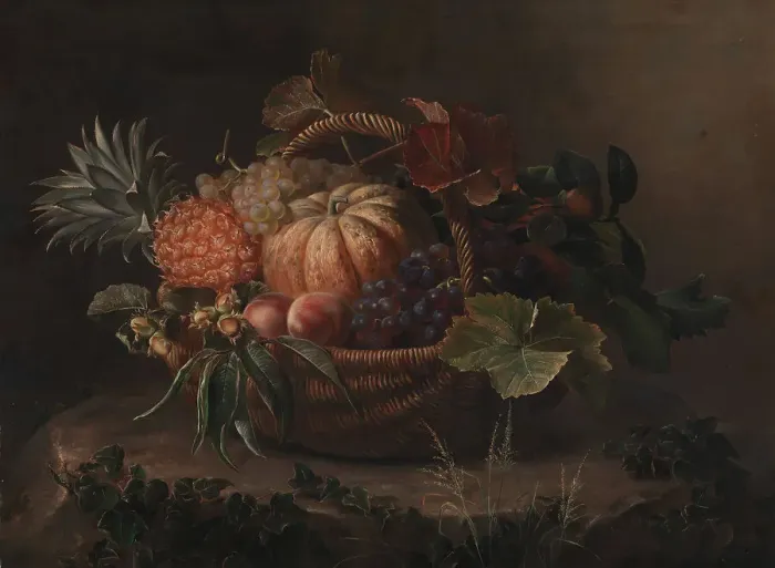 Framed Print : Basket of fruit on a tree stump, 1844. Creator: Johan Laurentz Jensen Framed Print : Basket of fruit on a tree stump, 1844. Creator: Johan Laurentz Jensen