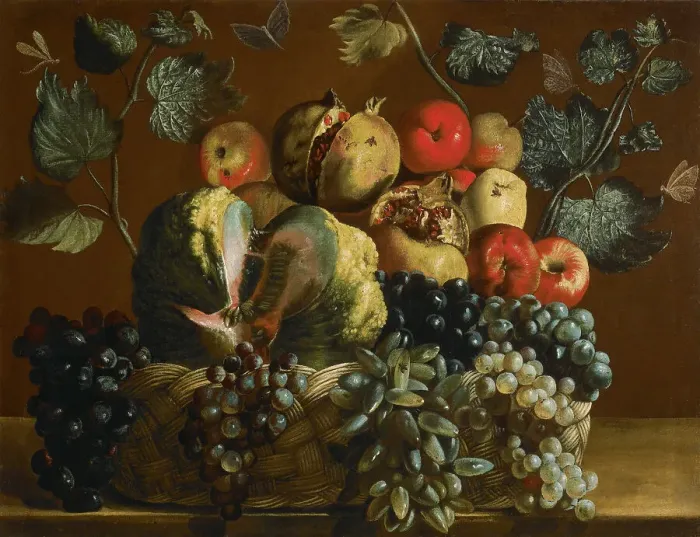 Framed Print : Basket with fruits. Creator: Cavarozzi, Bartolomeo (1590-1625) Framed Print : Basket with fruits. Creator: Cavarozzi, Bartolomeo (1590-1625)