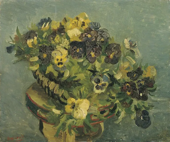 Framed Print : Basket of pansies on a small table, 1887. Artist: Gogh, Vincent, van (1853-1890) Framed Print : Basket of pansies on a small table, 1887. Artist: Gogh, Vincent, van (1853-1890)