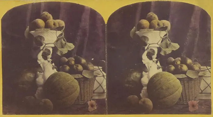 Framed Print : Basket and vase filled with fruit, cantalope at base, about 1865. Creator: Unknown Framed Print : Basket and vase filled with fruit, cantalope at base, about 1865. Creator: Unknown