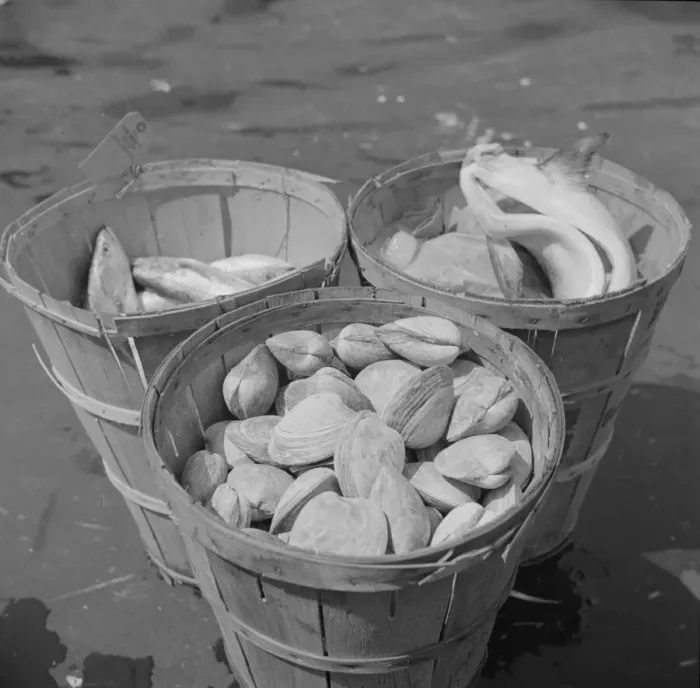 Framed Print : Baskets of seafood at the Fulton fish market, New York, 1943. Creator: Gordon Parks Framed Print : Baskets of seafood at the Fulton fish market, New York, 1943. Creator: Gordon Parks
