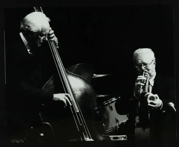 Framed Print : Bassist Bob Haggart and trumpeter Yank Lawson at the Forum Theatre, Hatfield, Hertfordshire, 1978 Framed Print : Bassist Bob Haggart and trumpeter Yank Lawson at the Forum Theatre, Hatfield, Hertfordshire, 1978
