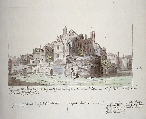Bastion at the angle of London Wall, St Giles without Cripplegate churchyard, City of London, 1779