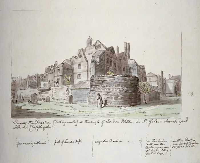 Framed Print : Bastion at the angle of London Wall, St Giles without Cripplegate churchyard, City of London, 1779 Framed Print : Bastion at the angle of London Wall, St Giles without Cripplegate churchyard, City of London, 1779