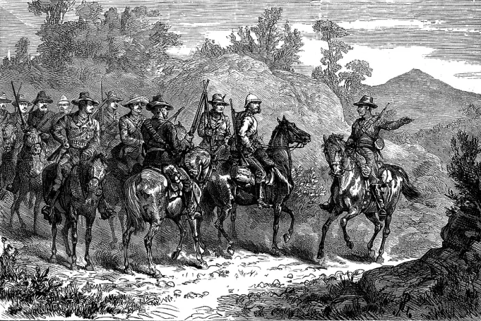 Framed Print : The Basuto War: colonial volunteers reconnoitring - return of the scout, 1881. Creator: Unknown Framed Print : The Basuto War: colonial volunteers reconnoitring - return of the scout, 1881. Creator: Unknown