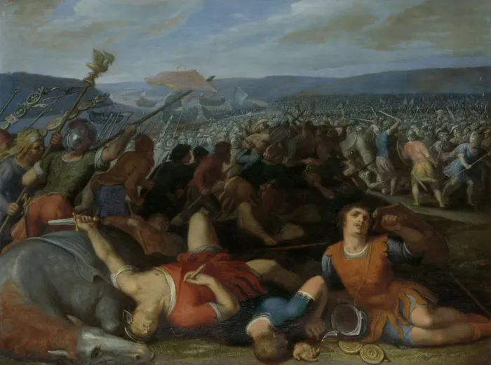Framed Print : The Batavians Defeating the Romans on the Rhine, 1613. Artist: Veen, Otto van (1556-1629) Framed Print : The Batavians Defeating the Romans on the Rhine, 1613. Artist: Veen, Otto van (1556-1629)