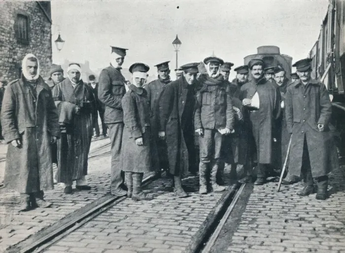 Framed Print : A batch of Neuve Chapelle wounded on a French railway station, 1915 Framed Print : A batch of Neuve Chapelle wounded on a French railway station, 1915
