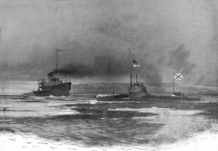 Framed Print : Un bateau brise-glaces ouvre un chenal devant un sous-marin russe a son retour de croisiere, c1915 Creator: Unknown Framed Print : Un bateau brise-glaces ouvre un chenal devant un sous-marin russe a son retour de croisiere, c1915 Creator: Unknown