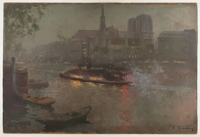 Framed Print : Bateau-Mouche on the Seine, in evening, in front of Notre-Dame, 1890. Creator: Adolphe-Ernest Gumery Framed Print : Bateau-Mouche on the Seine, in evening, in front of Notre-Dame, 1890. Creator: Adolphe-Ernest Gumery