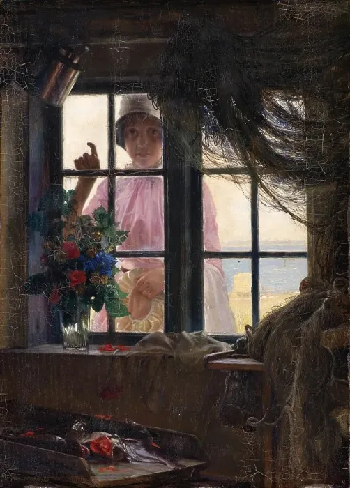 Framed Print : After the Bath. A Young Girl Knocking at the Fisherman's Window, 1884. Creator: Carl Bloch Framed Print : After the Bath. A Young Girl Knocking at the Fisherman's Window, 1884. Creator: Carl Bloch
