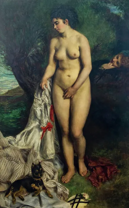 Framed Print : Bather with a Griffon Dog - Lise on the Bank of the Seine, 1870. Creator: Renoir, Pierre Auguste (1841-1919) Framed Print : Bather with a Griffon Dog - Lise on the Bank of the Seine, 1870. Creator: Renoir, Pierre Auguste (1841-1919)