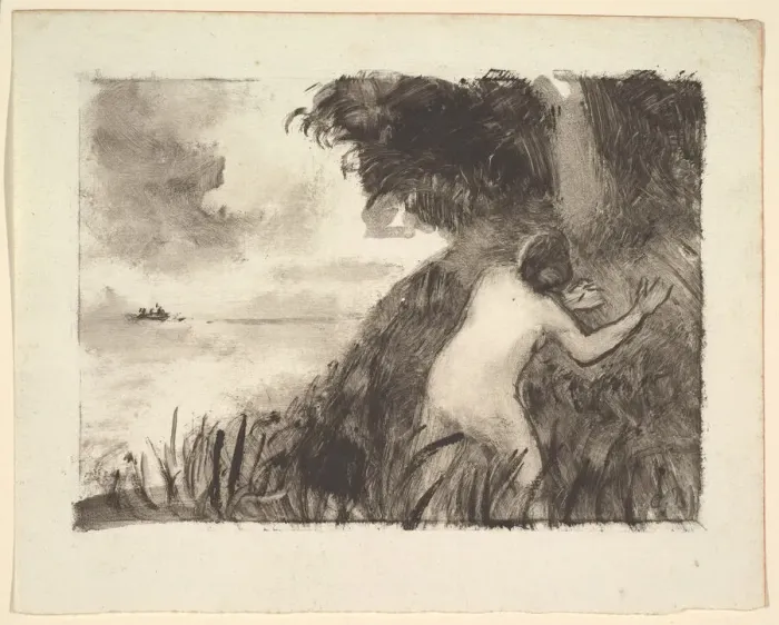 Framed Print : Bather Standing Among Grasses at the Shore, ca. 1894. Creator: Camille Pissarro Framed Print : Bather Standing Among Grasses at the Shore, ca. 1894. Creator: Camille Pissarro