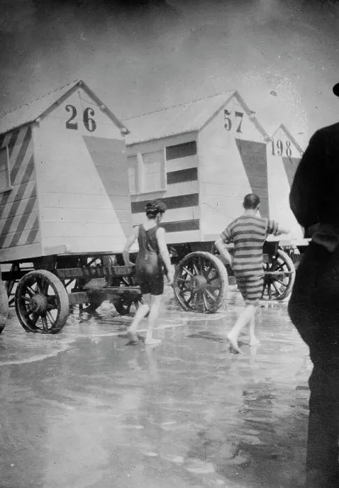 Framed Print : Bathers and Bathing Machines-Ostend, 1913. Creator: Bain News Service Framed Print : Bathers and Bathing Machines-Ostend, 1913. Creator: Bain News Service