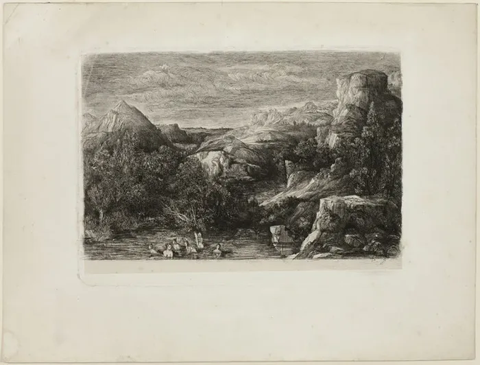 Framed Print : Bathers in a Mountain Pool, 1865. Creator: Rodolphe Bresdin Framed Print : Bathers in a Mountain Pool, 1865. Creator: Rodolphe Bresdin