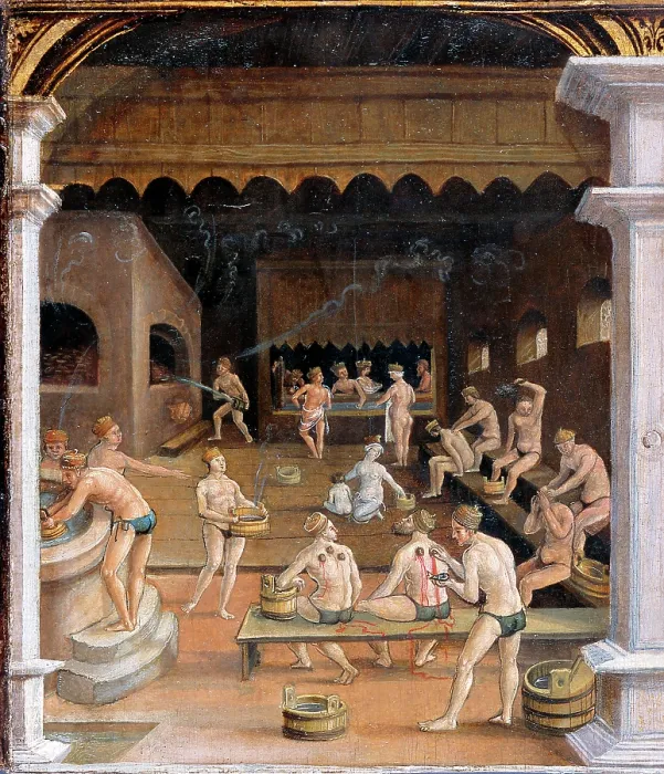 Framed Print : Bathhouse. Panel from a Series of Rural Scenes, c1518-1525. Creator: Wertinger, Hans, von (ca. 1465-1533)