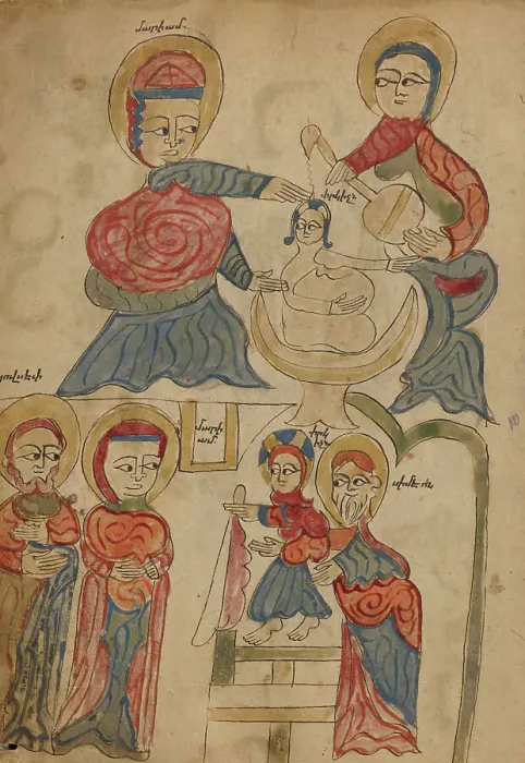 Framed Print : Bathing the Christ Child and The Presentation in the Temple; Gospel Book, 1386. Creator: Unknown Framed Print : Bathing the Christ Child and The Presentation in the Temple; Gospel Book, 1386. Creator: Unknown