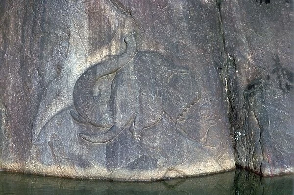 Bathing elephant carved in low relief in a Buddhist shrine