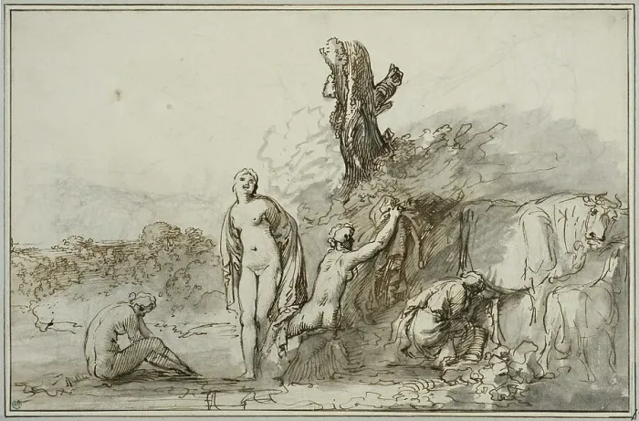 Framed Print : Bathing nymphs and cattle, c17th century. Creator: Anon Framed Print : Bathing nymphs and cattle, c17th century. Creator: Anon