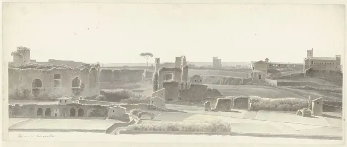 Framed Print : The Baths of Caracalla and Three Capitals from the Villa Mattei in Rome, c.1809-c.1812. Creator: Josephus Augustus Knip Framed Print : The Baths of Caracalla and Three Capitals from the Villa Mattei in Rome, c.1809-c.1812. Creator: Josephus Augustus Knip
