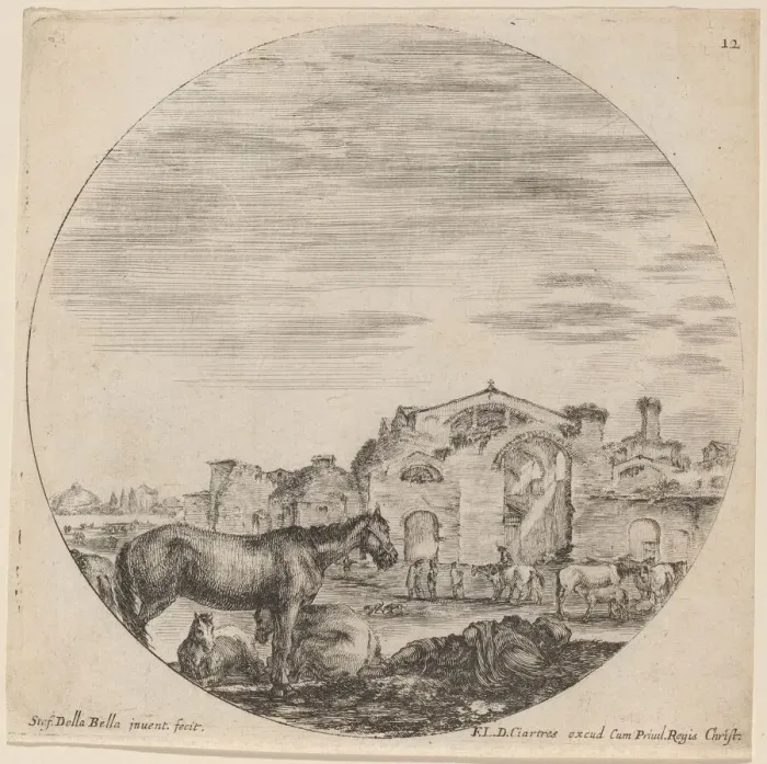 Framed Print : Baths of Diocletian and Shepherd Sleeping, 1646. Creator: Stefano della Bella Framed Print : Baths of Diocletian and Shepherd Sleeping, 1646. Creator: Stefano della Bella
