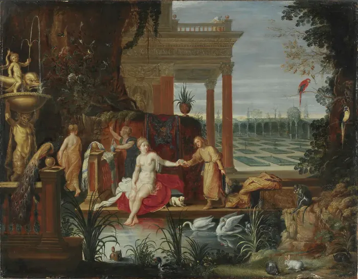 Framed Print : Bathsheba in the Bath Receiving the Letter from King David, late 16th-early 17th century. Creator: Workshop of Jan Brueghel the Elder Framed Print : Bathsheba in the Bath Receiving the Letter from King David, late 16th-early 17th century. Creator: Workshop of Jan Brueghel the Elder