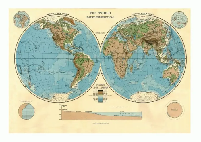 Framed Print : Bathy-Orographical Map of the World, c1920s Framed Print : Bathy-Orographical Map of the World, c1920s