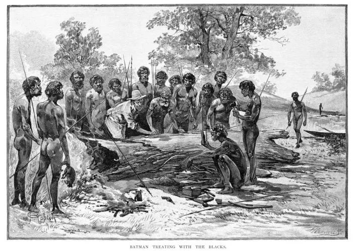 Framed Print : Batman Treating with the Blacks, 1835, (1886). Artist: Julian Ashton Framed Print : Batman Treating with the Blacks, 1835, (1886). Artist: Julian Ashton