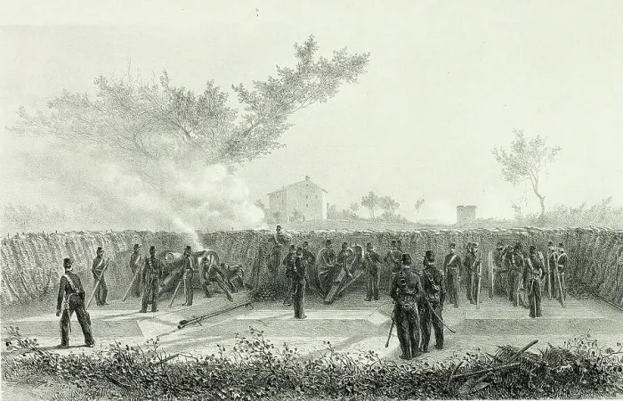 Framed Print : Battery No.1 opens fire, from Souvenirs d'Italie: Expédition de Rome, 1854. Creator: Auguste Raffet Framed Print : Battery No.1 opens fire, from Souvenirs d'Italie: Expédition de Rome, 1854. Creator: Auguste Raffet