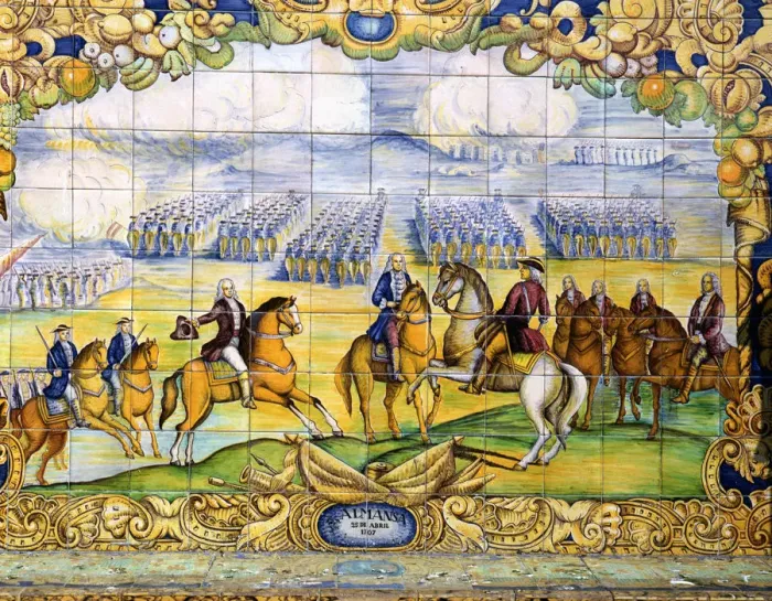Framed Print : Battle of Almansa in 1707, tile panel located in the Plaza of Spain in Seville Framed Print : Battle of Almansa in 1707, tile panel located in the Plaza of Spain in Seville