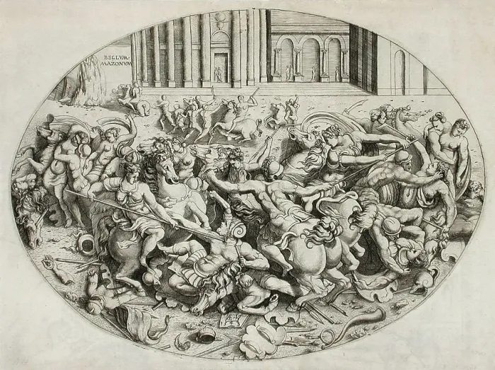 Framed Print : Battle of the Amazons, 1543. Creator: Enea Vico Framed Print : Battle of the Amazons, 1543. Creator: Enea Vico