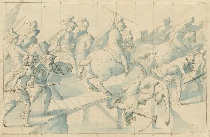 Framed Print : A Battle on a Bridge, c.1600. Creator: Giovanni Balducci Framed Print : A Battle on a Bridge, c.1600. Creator: Giovanni Balducci