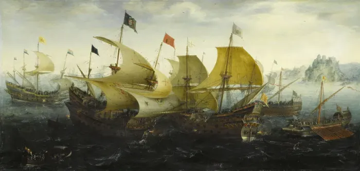 Framed Print : Battle of Cadiz (Dutch and English Ships Attack the Spanish Armada), 1608. Artist: Aert Anthonisz. (Aert van Antum) (ca. 1580-1620) Framed Print : Battle of Cadiz (Dutch and English Ships Attack the Spanish Armada), 1608. Artist: Aert Anthonisz. (Aert van Antum) (ca. 1580-1620)
