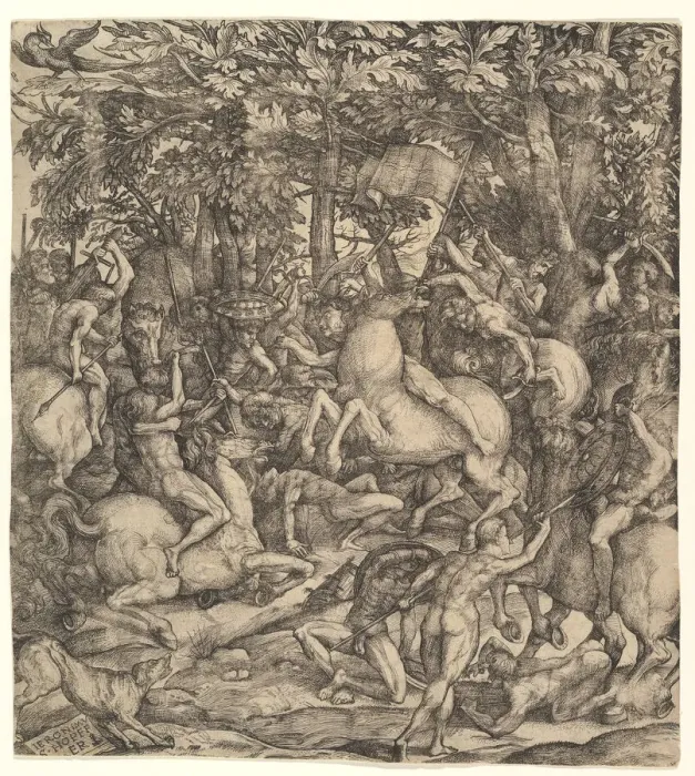Framed Print : Battle between cavalry and infantry in a wood, 16th century. Creator: Hieronymus Hopfer Framed Print : Battle between cavalry and infantry in a wood, 16th century. Creator: Hieronymus Hopfer
