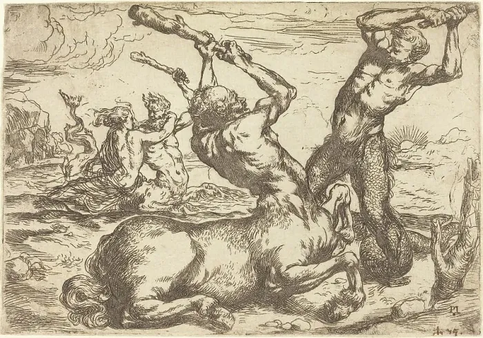 Framed Print : Battle between a Centaur and a Triton. Creator: Ribera, Jusepe de, circle of Framed Print : Battle between a Centaur and a Triton. Creator: Ribera, Jusepe de, circle of