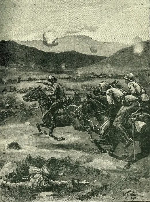 Framed Print : The Battle of Colenso: Lieutenant Roberts Galloping Forward... 1899, (c1900). Creator: William Barnes Wollen Framed Print : The Battle of Colenso: Lieutenant Roberts Galloping Forward... 1899, (c1900). Creator: William Barnes Wollen