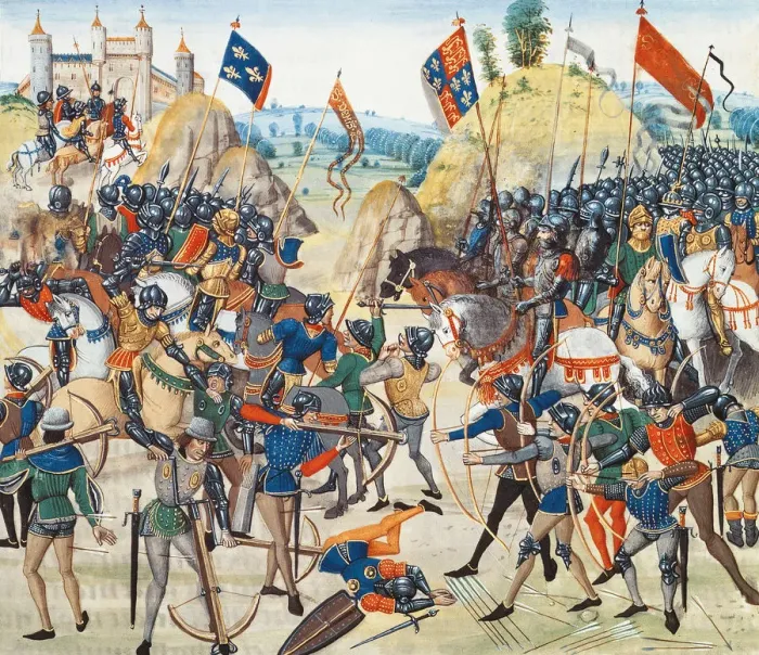 Framed Print : The Battle of Crecy on 26 August 1346 (Miniature from the Grandes Chroniques de France by Jean Frois Framed Print : The Battle of Crecy on 26 August 1346 (Miniature from the Grandes Chroniques de France by Jean Frois