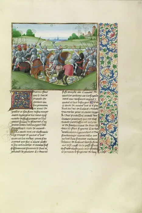 Framed Print : The Battle between the Duke of Julich and Gelders and the Duke of Brabant, c1370s, about 1480-1483. Creator: Master of the Getty Froissart Framed Print : The Battle between the Duke of Julich and Gelders and the Duke of Brabant, c1370s, about 1480-1483. Creator: Master of the Getty Froissart