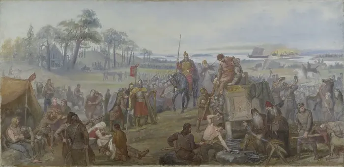 Framed Print : After the Battle of Fyrisvall. Proposed Decoration of the Walls in the Upper Hall, c19th century. Creator: Marten Eskil Winge Framed Print : After the Battle of Fyrisvall. Proposed Decoration of the Walls in the Upper Hall, c19th century. Creator: Marten Eskil Winge