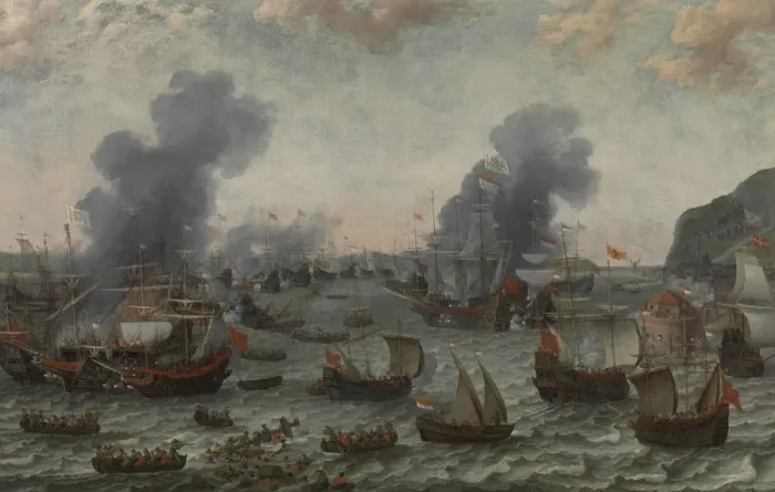 Framed Print : The Battle of Gibraltar, 25 April 1607, c. 1617. Artist: Willaerts, Adam (1577-1664) Framed Print : The Battle of Gibraltar, 25 April 1607, c. 1617. Artist: Willaerts, Adam (1577-1664)