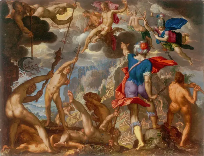 Framed Print : The Battle between the Gods and the Giants, c. 1608. Creator: Joachim Anthonisz Wtewael Framed Print : The Battle between the Gods and the Giants, c. 1608. Creator: Joachim Anthonisz Wtewael