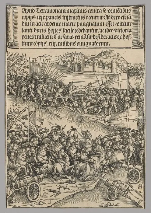 Framed Print : Battle of Guinegate, plate 4 from Historical Scenes from the Life of Emperor... printed c. 1520. Creator: Wolf Traut Framed Print : Battle of Guinegate, plate 4 from Historical Scenes from the Life of Emperor... printed c. 1520. Creator: Wolf Traut