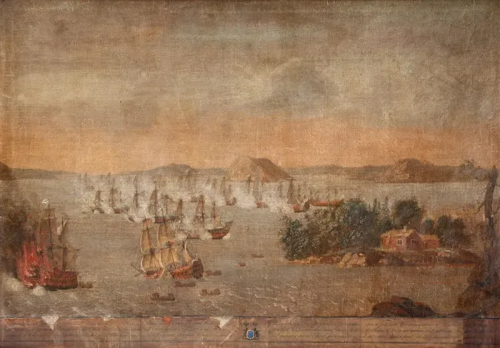Framed Print : The Battle of Hoglande on 22 July 1713, 1713. Artist: Anonymous Framed Print : The Battle of Hoglande on 22 July 1713, 1713. Artist: Anonymous