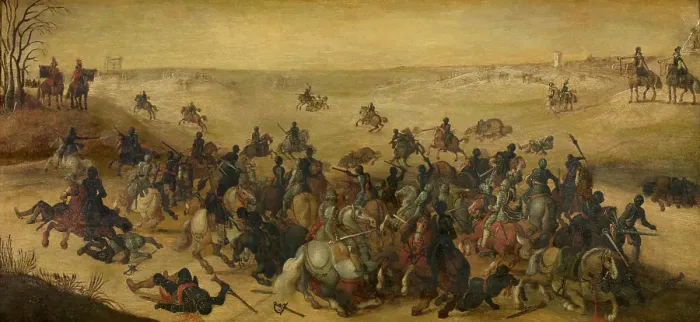 Framed Print : Battle of Lekkerbeetjen, 1601. Creator: Sebastian Vrancx