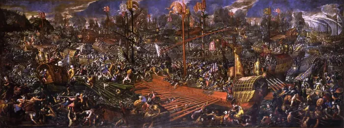 Framed Print : The Battle of Lepanto on 7 October 1571, 1595-1605. Creator: Vicentino, Andrea (c. 1542-1617) Framed Print : The Battle of Lepanto on 7 October 1571, 1595-1605. Creator: Vicentino, Andrea (c. 1542-1617)